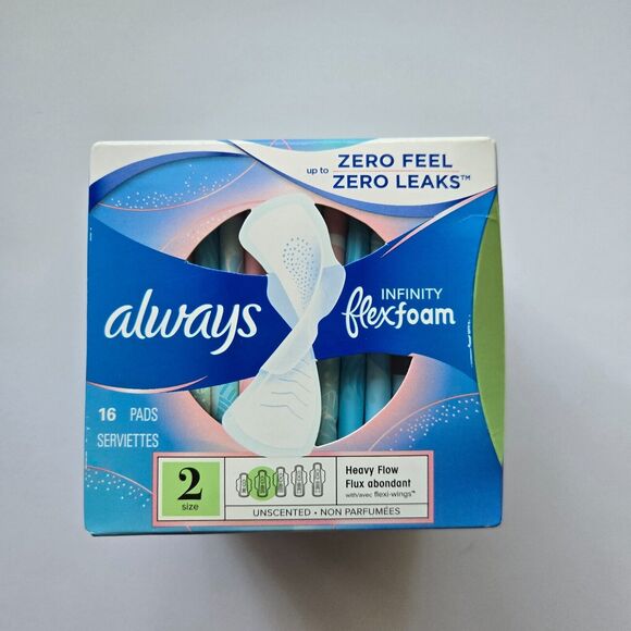 Always Pads Infinity FlexFoam 2 Pk 16 Ct Box Size 2 Unscented Heavy Flow - Picture 3 of 4